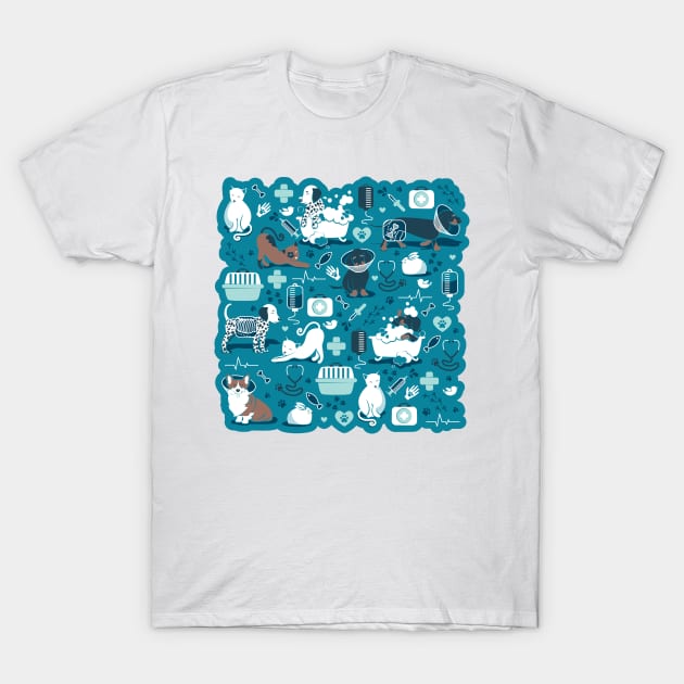 Veterinary medicine, happy and healthy friends // turquoise background aqua details navy blue white and brown cats dogs and other animals T-Shirt by SelmaCardoso